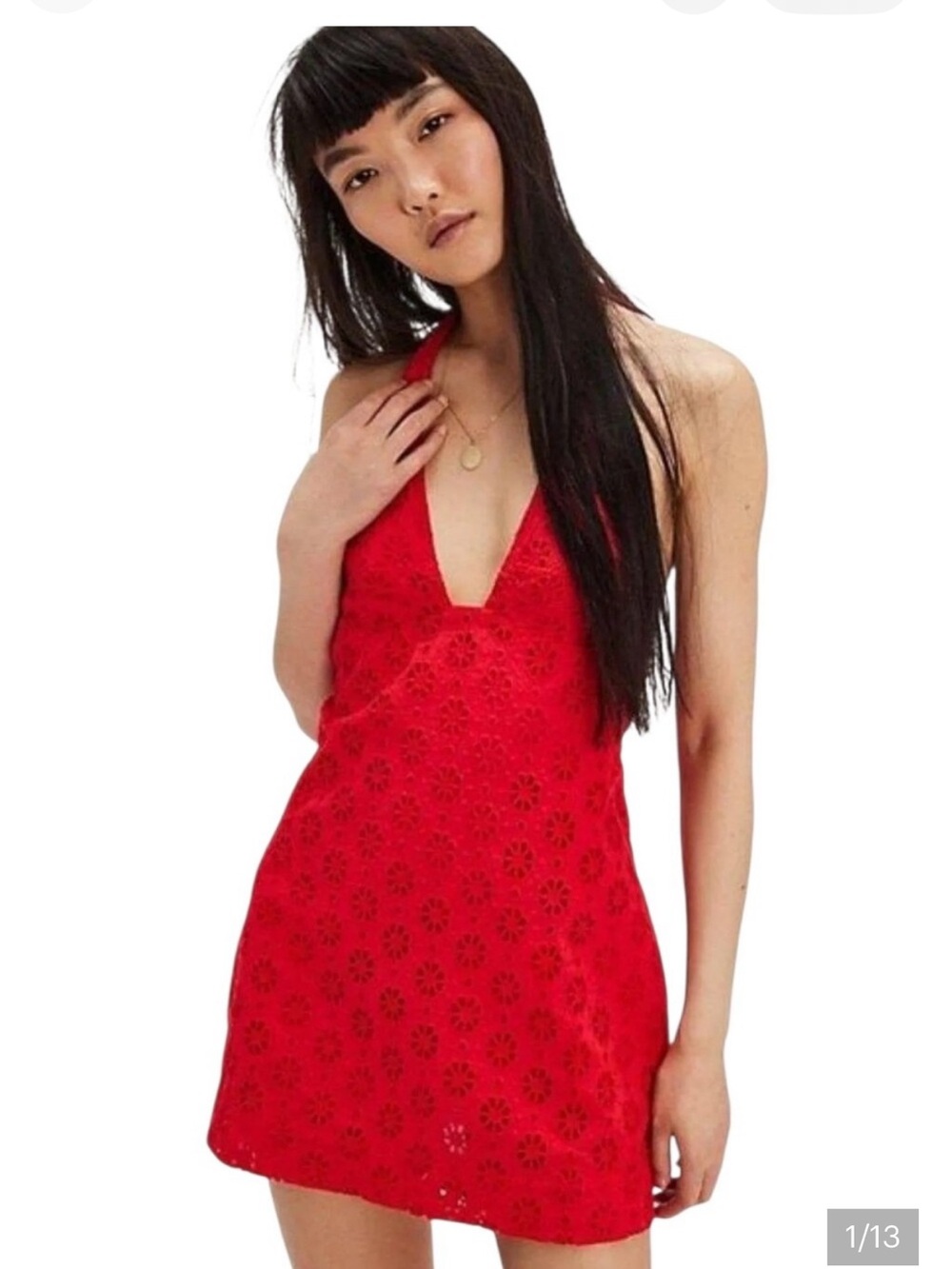 Free People Red Eyelet Halter Slip Dress